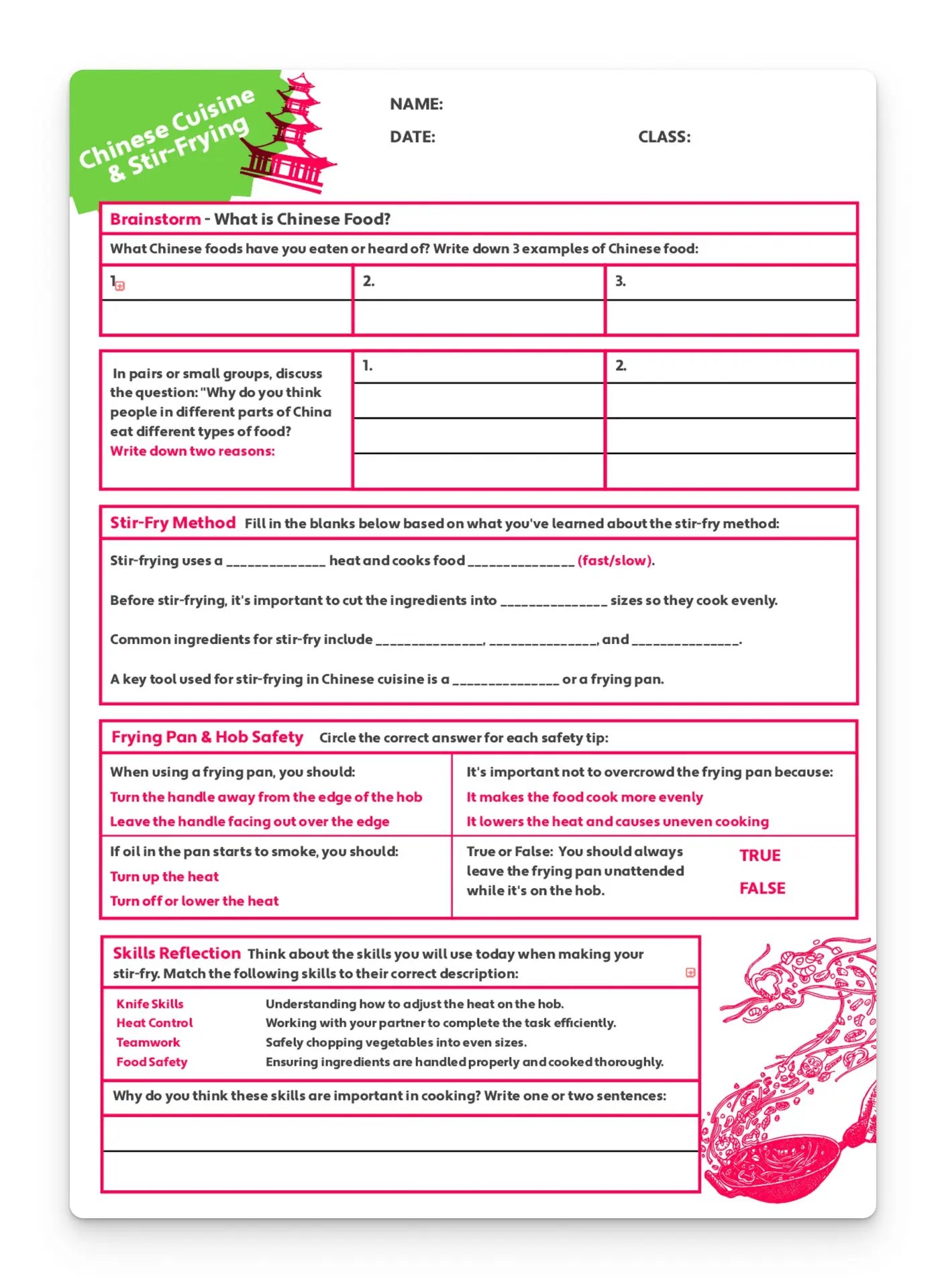 Chinese cuisine worksheet