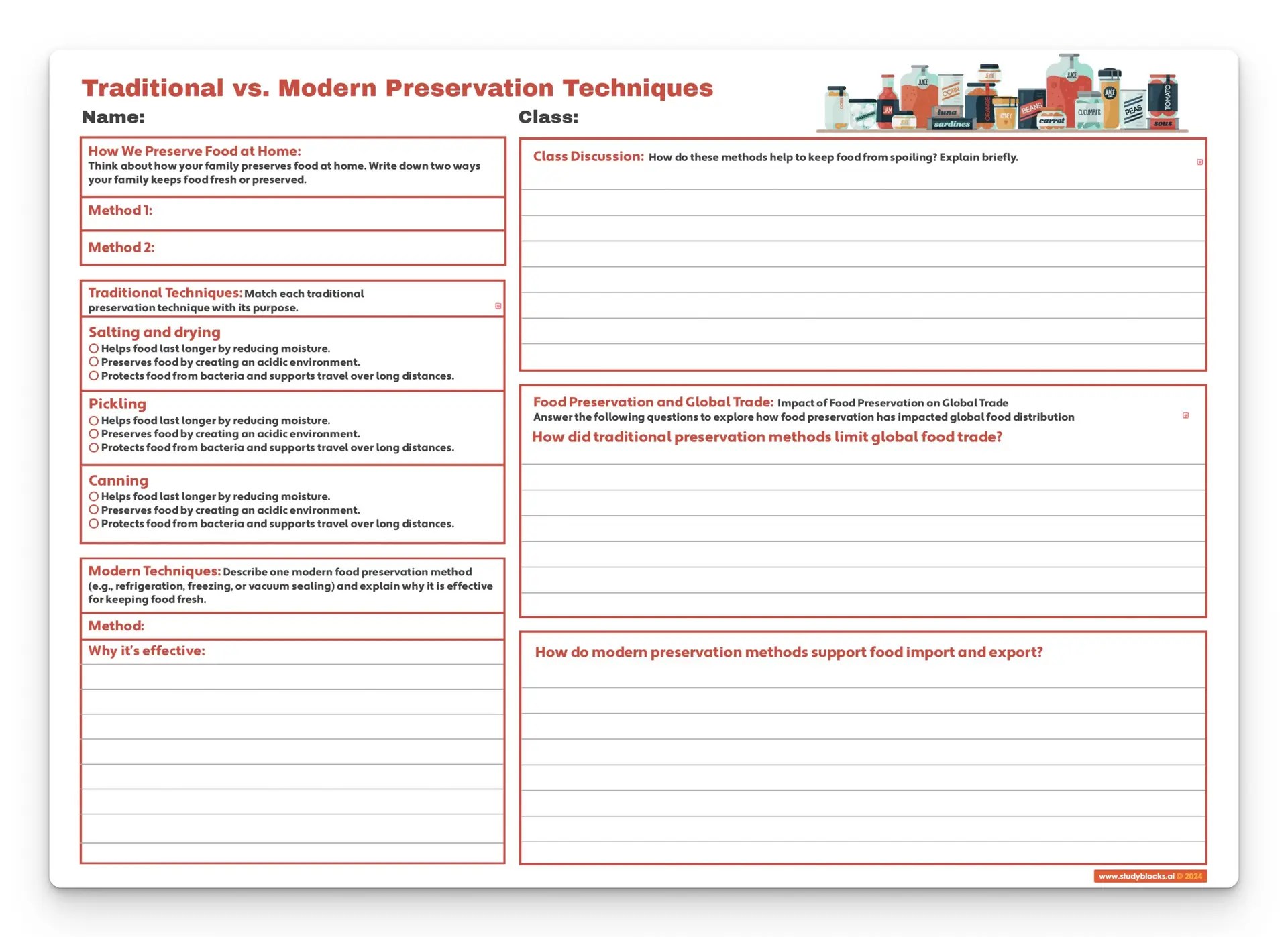 Preservation Techniques worksheet