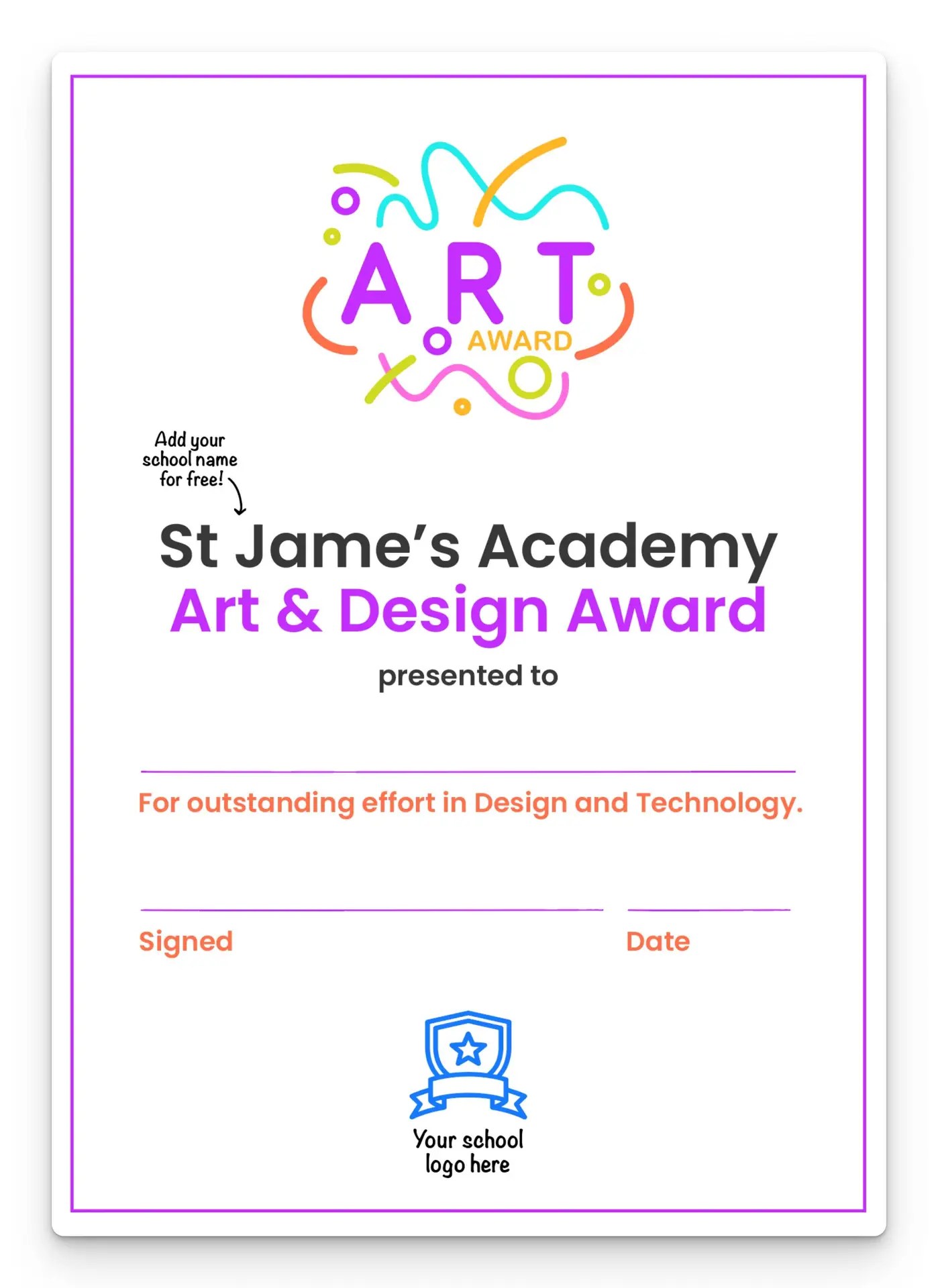 Art & Design award certificate