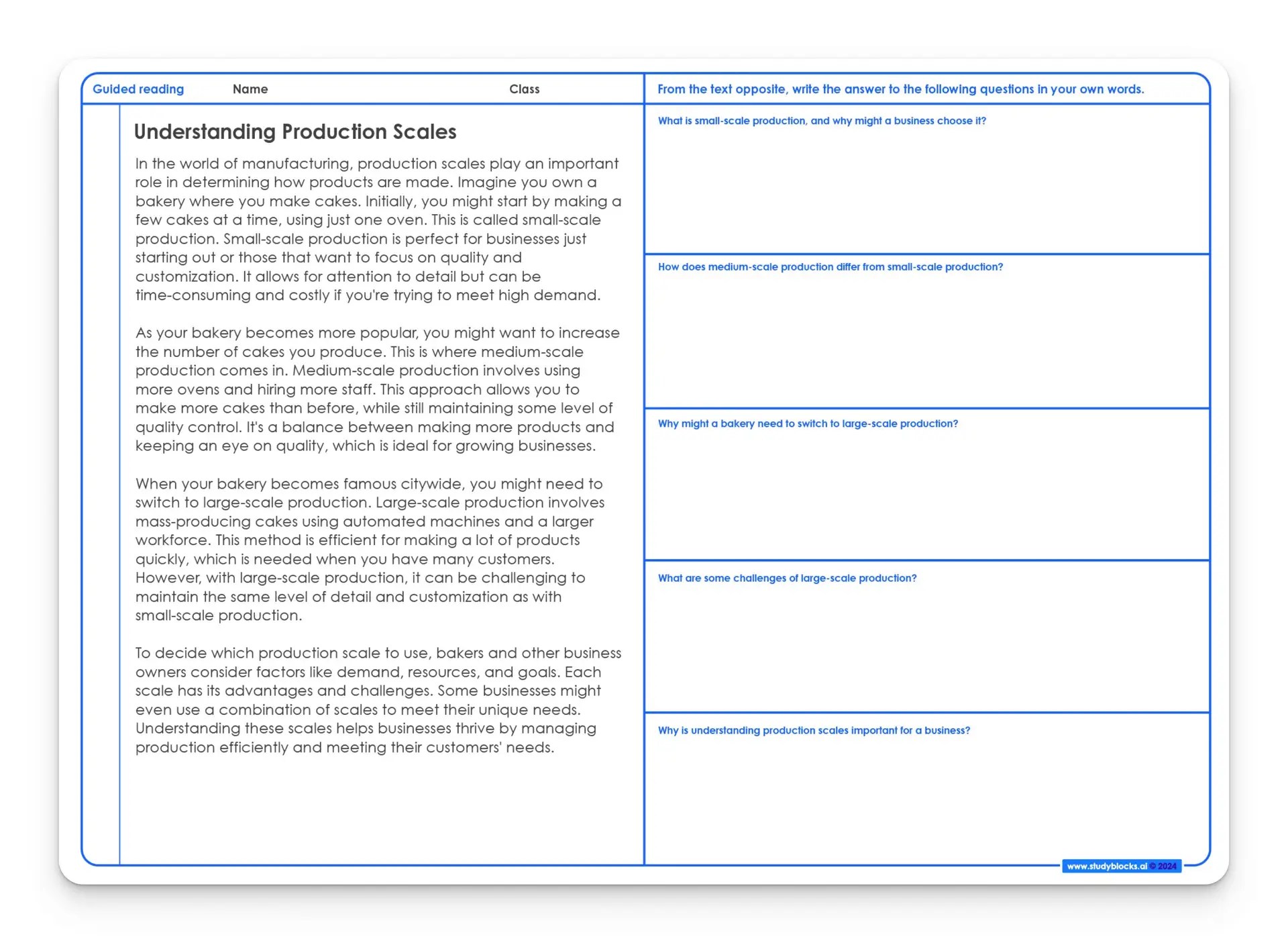 Production scales guided reading