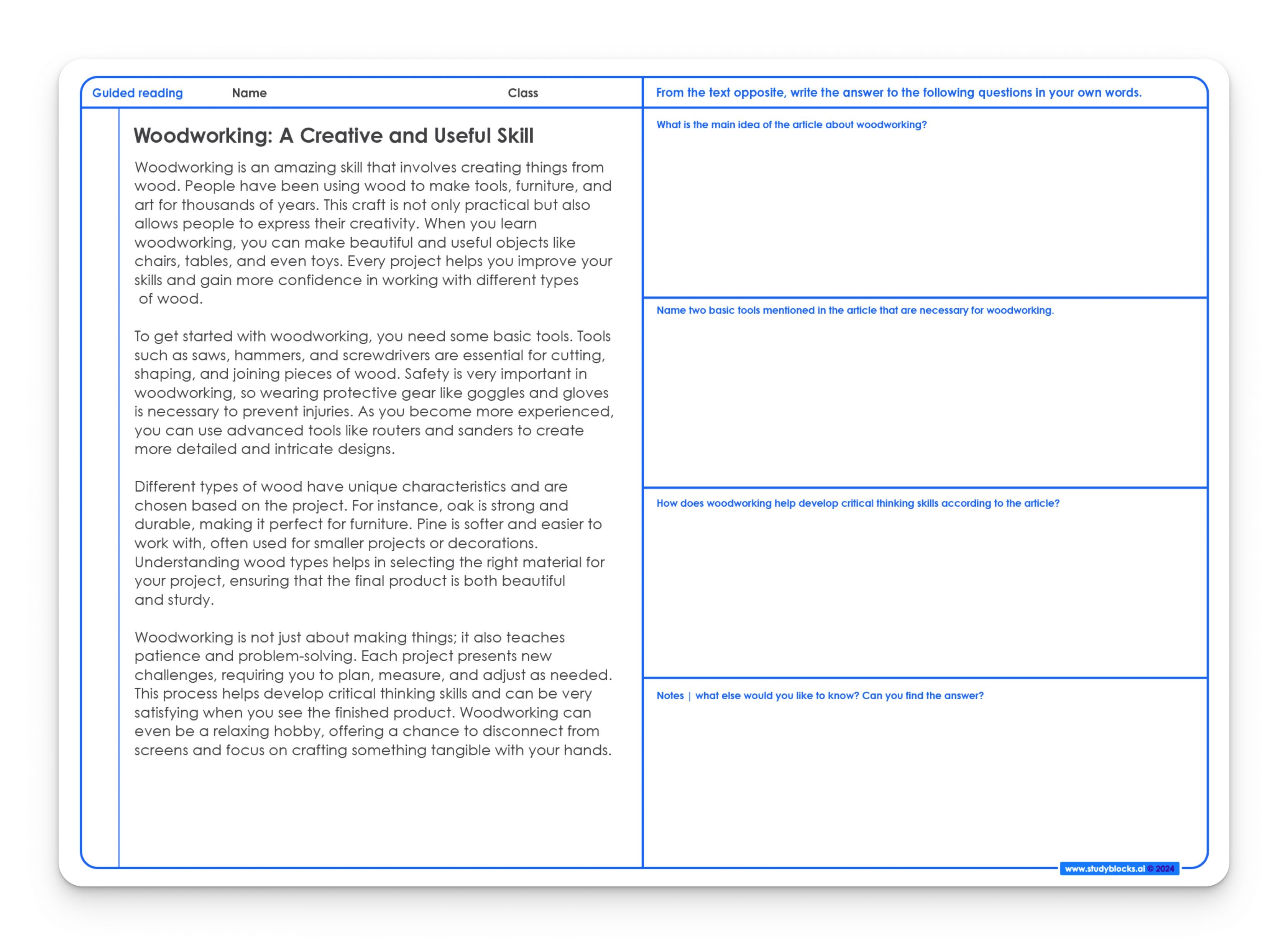 Woodworking guided reading