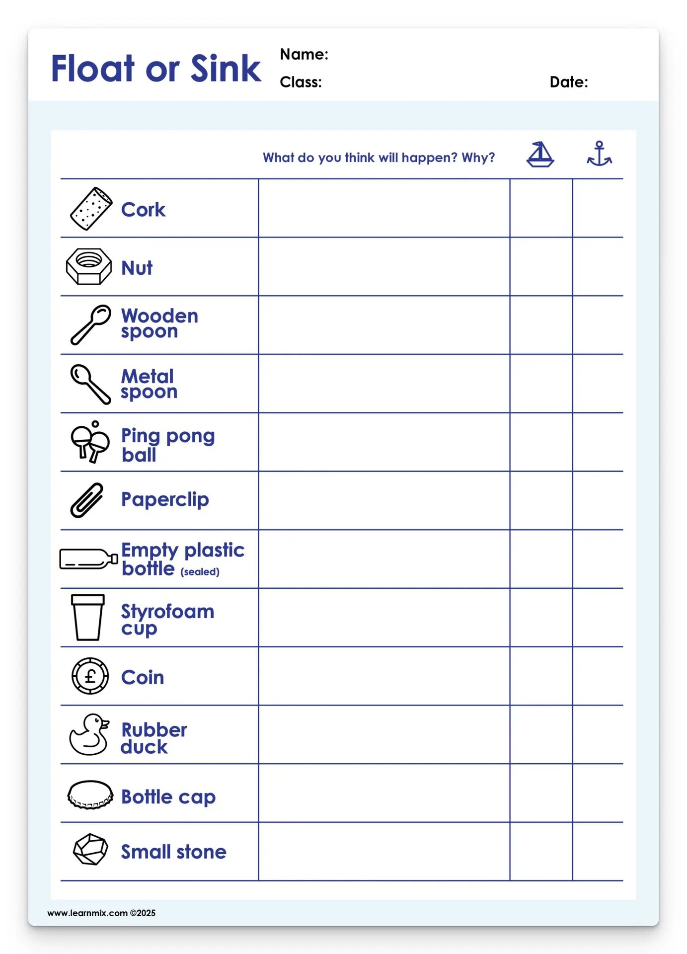 Float or sink worksheets