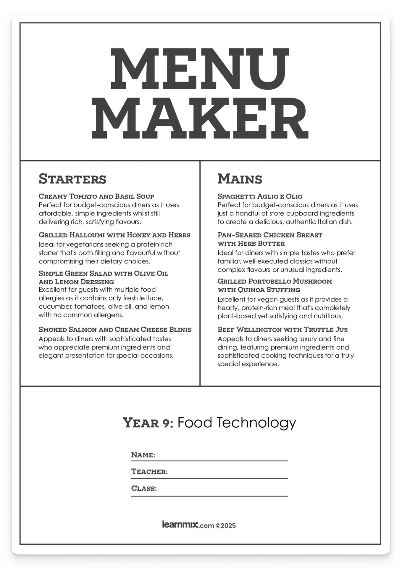 Menu Planning Workbook
