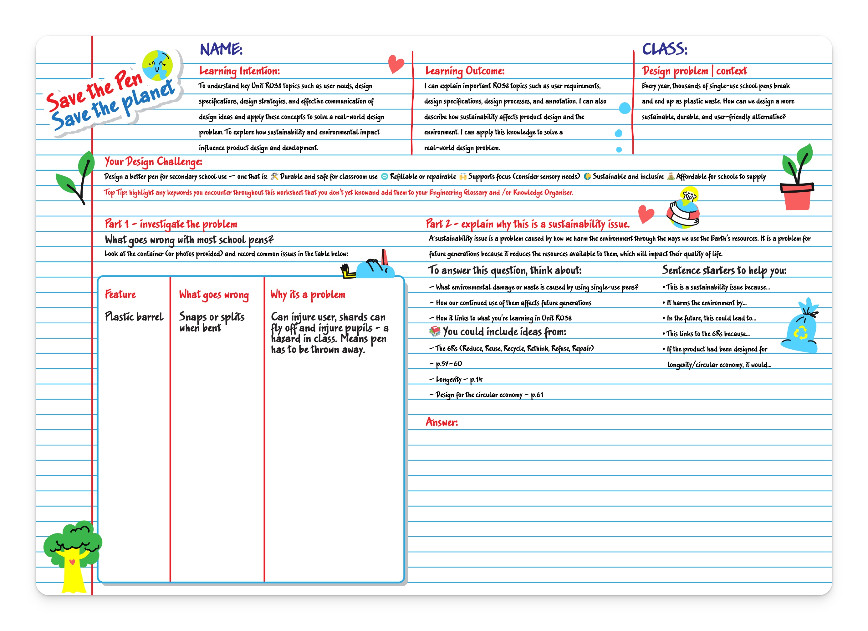 pens worksheets