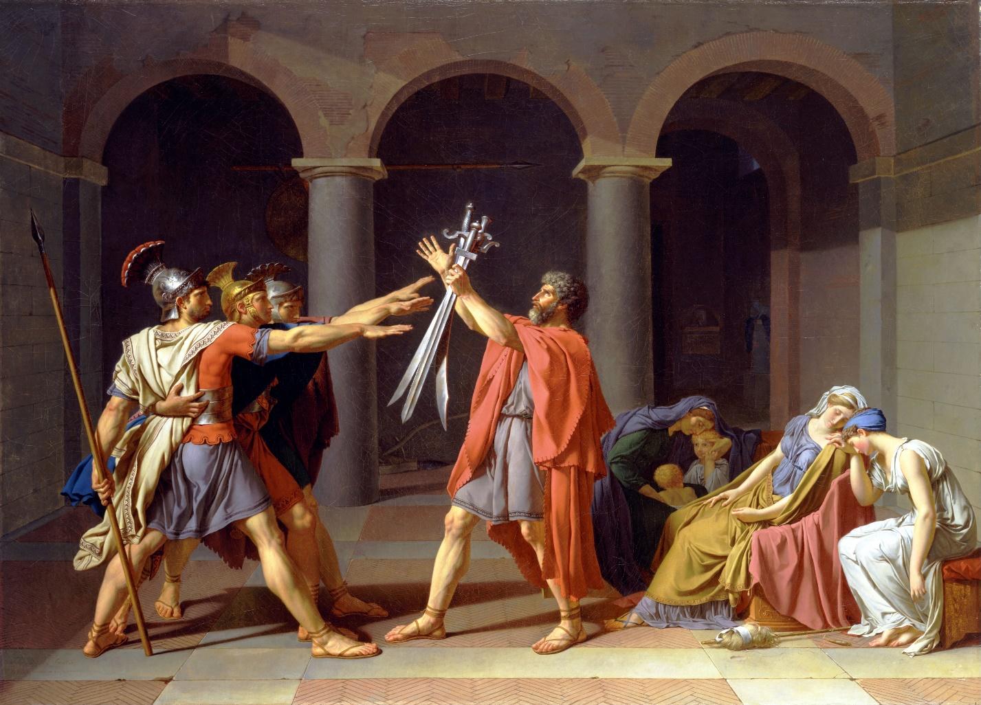 A figure showing The Oath of the Horatti artwork.