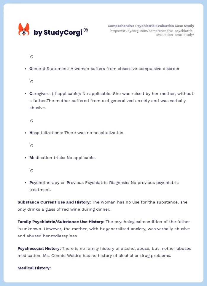 Comprehensive psychiatric evaluation case study