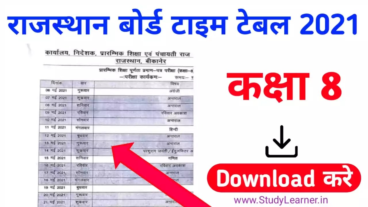 RBSE 8th Class Time Table 2021 Rajasthan Board Class 8th Exam Date » Study Learner