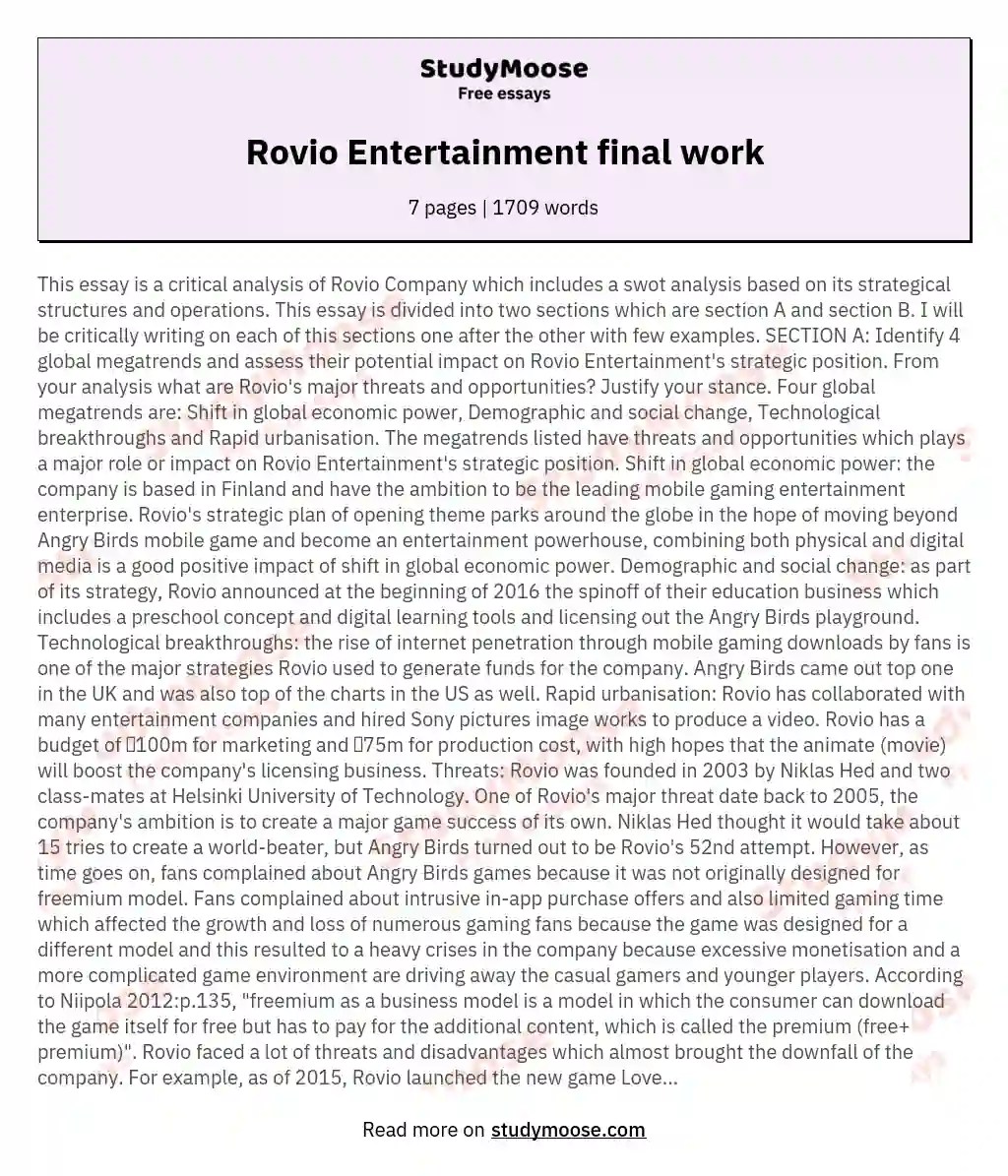 Appetite creative · (33 reviews) · 4.8 ; Rovio Entertainment Final Work Free Essay Example