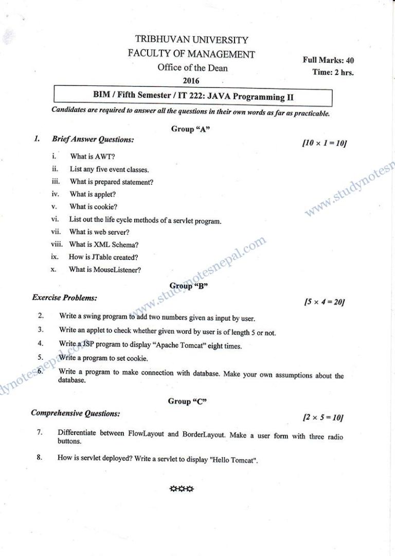 IT 222: Java Programming - II | BIM | Question Bank » STUDY NOTES NEPAL