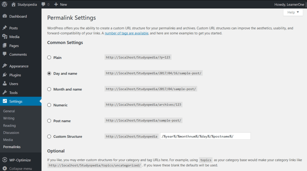 Select the permalink you want to use · step 3: WordPress Permalinks Settings - Studyopedia