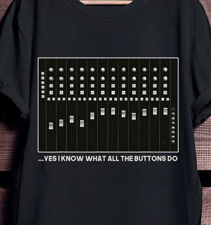 Audio engineer control table t shirt with mixing console graphic for studio sound professionals.