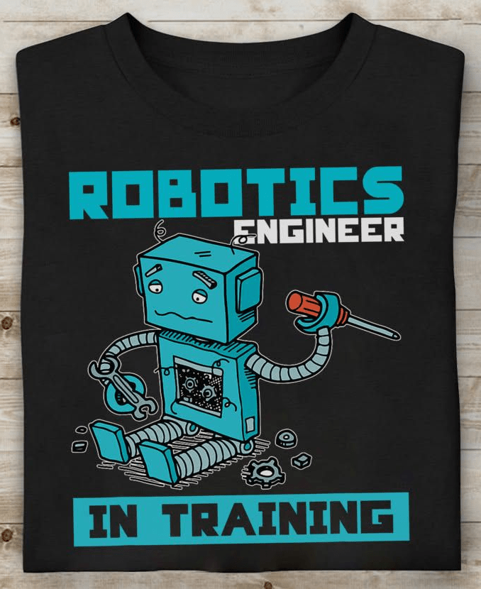Robotics engineer in training t shirt with STEM technology graphic design.