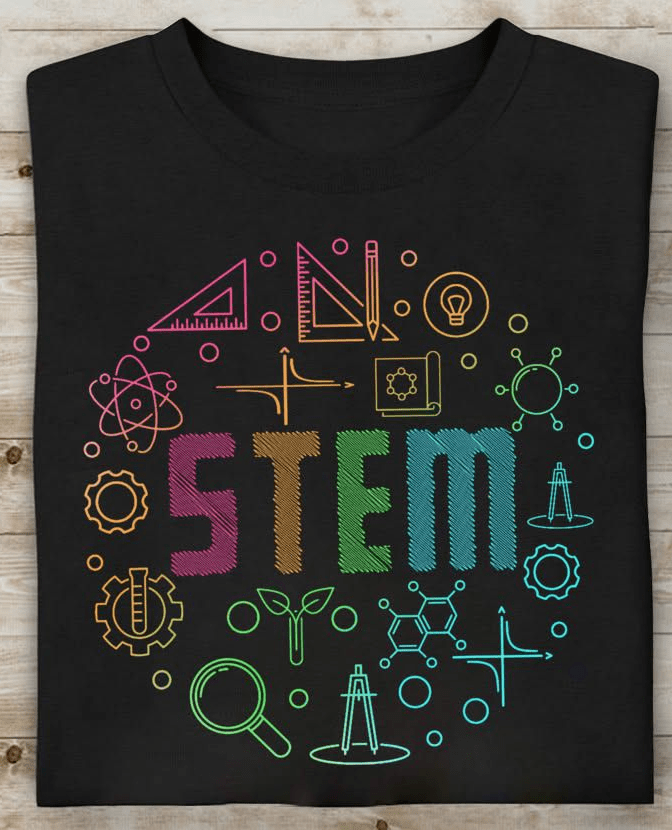 STEM teacher t-shirt for science math engineering technology educators apparel.