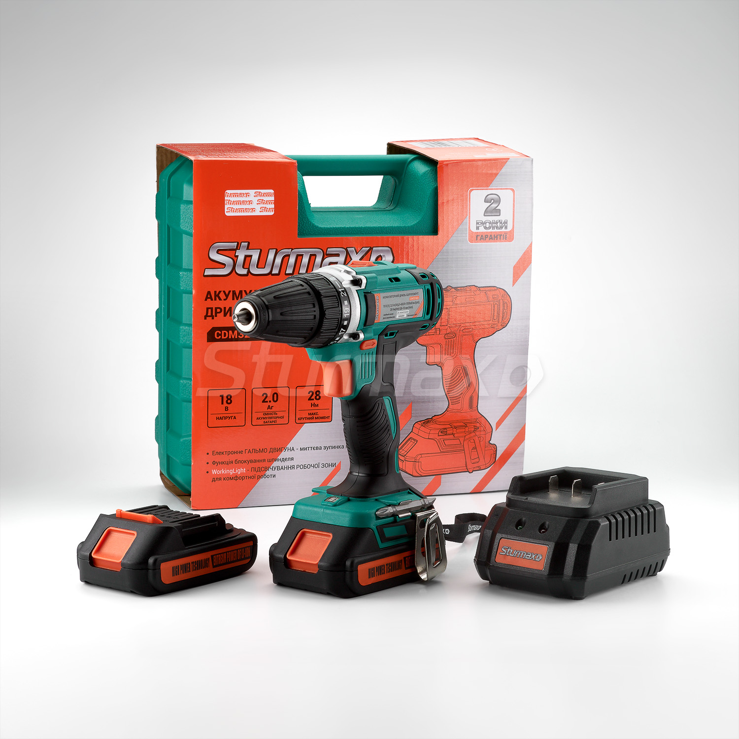 Шурупокрут акумуляторний 18В, 2.0Аг, 2 акум Sturmax CDM3218LB