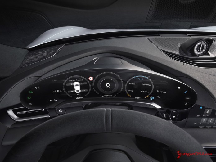 Credit: Porsche AG Porsche Taycan first electric sports car world premiere: The detached, free-standing Taycan instrument cluster is seen in this photo. Credit: Porsche AG