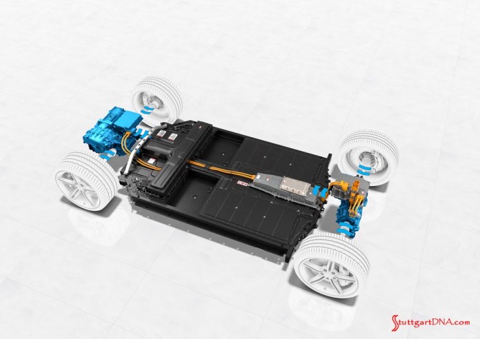 Porsche Taycan first electric sports car world premiere: This is an isolated view of the Taycan’s energy recuperation system, on-board power supply and components. Credit: Porsche AG