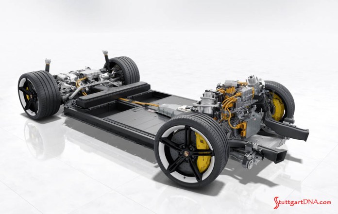 Credit: Porsche AG Porsche Taycan first electric sports car world premiere: Depicted here is an isolated view of the Taycan's rolling chassis. Credit: Porsche AG