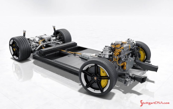 Porsche Taycan first electric sports car world premiere: Depicted here is an isolated view of the Taycan's rolling chassis. Credit: Porsche AG