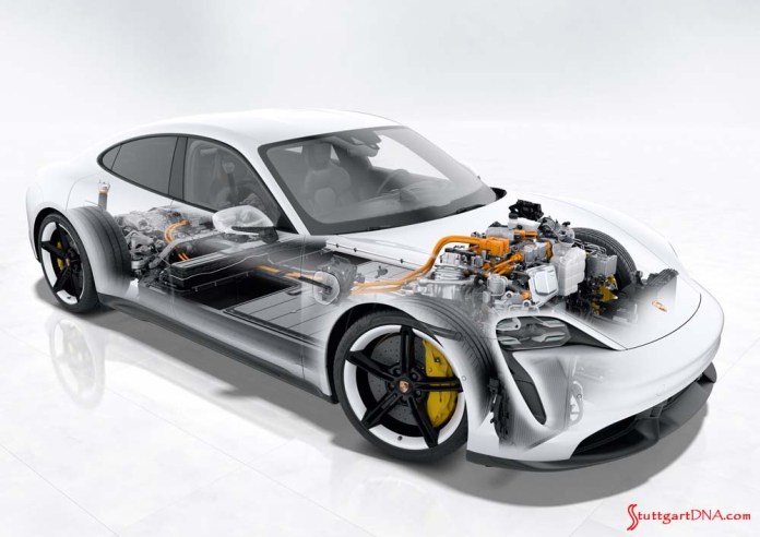 Porsche Taycan first electric sports car world premiere: Depicted here is the Taycan in graphic skeletal view. This shot isolates the internal mechanisms of the Taycan. Credit: Porsche AG