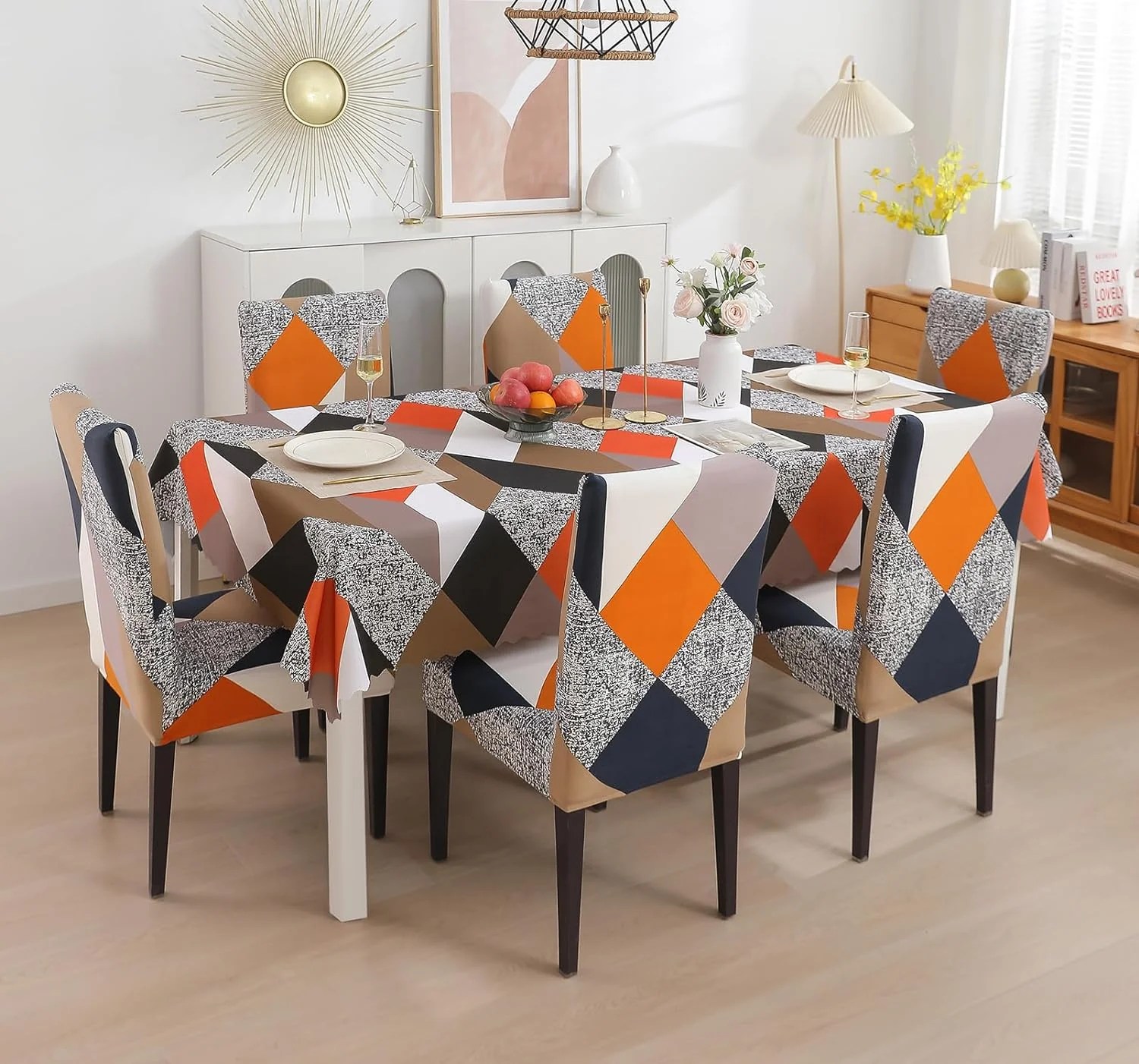 Dinner table caover and chairs covers with orange grey pattern prints