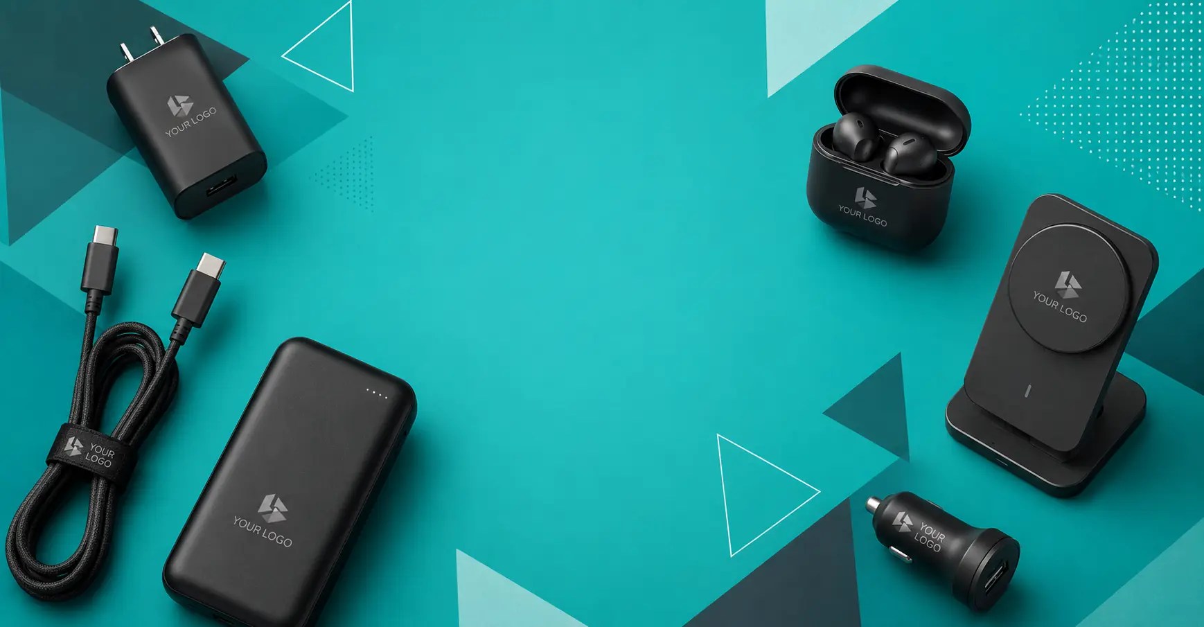 Branded tech accessories including power banks, charging cables and promotional technology gifts for businesses