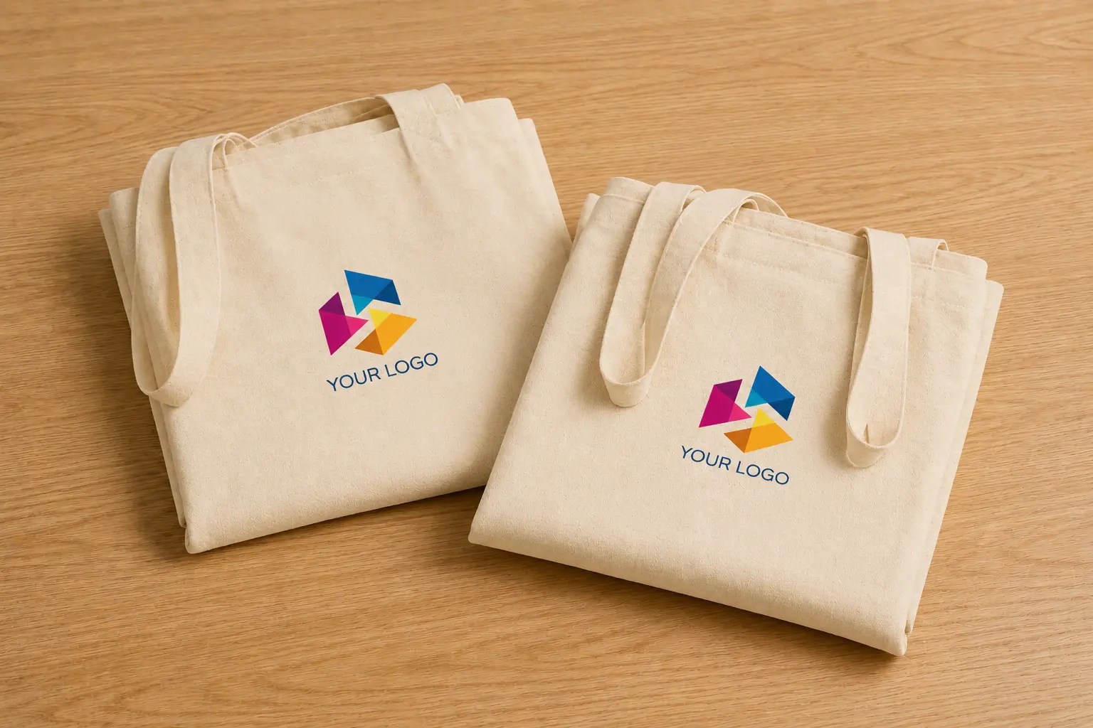 Folded natural cotton tote bags with a printed colour logo