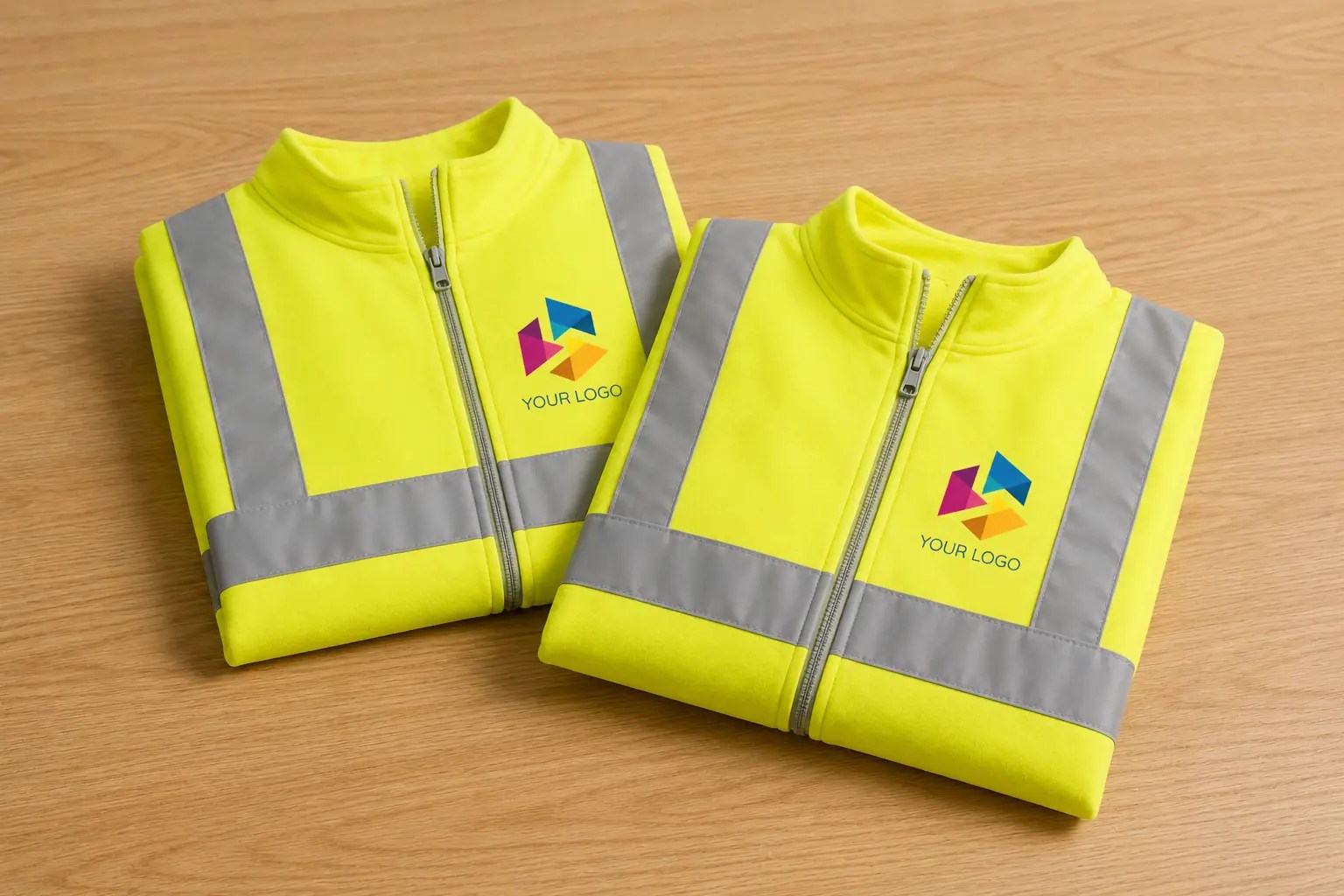 Folded yellow hi vis jackets with silver reflective stripes and a printed logo