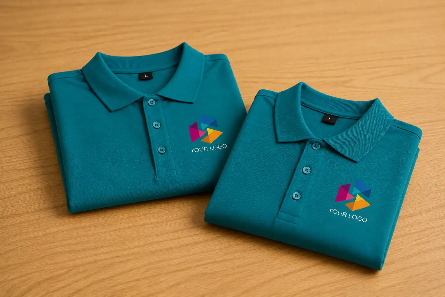 Folded teal polo shirts with an embroidered chest logo