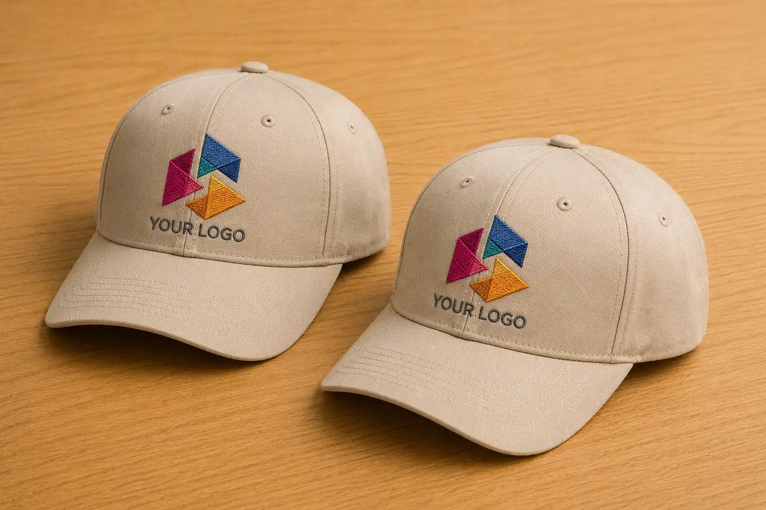 Row of stone baseball caps with an embroidered logo on the front panel
