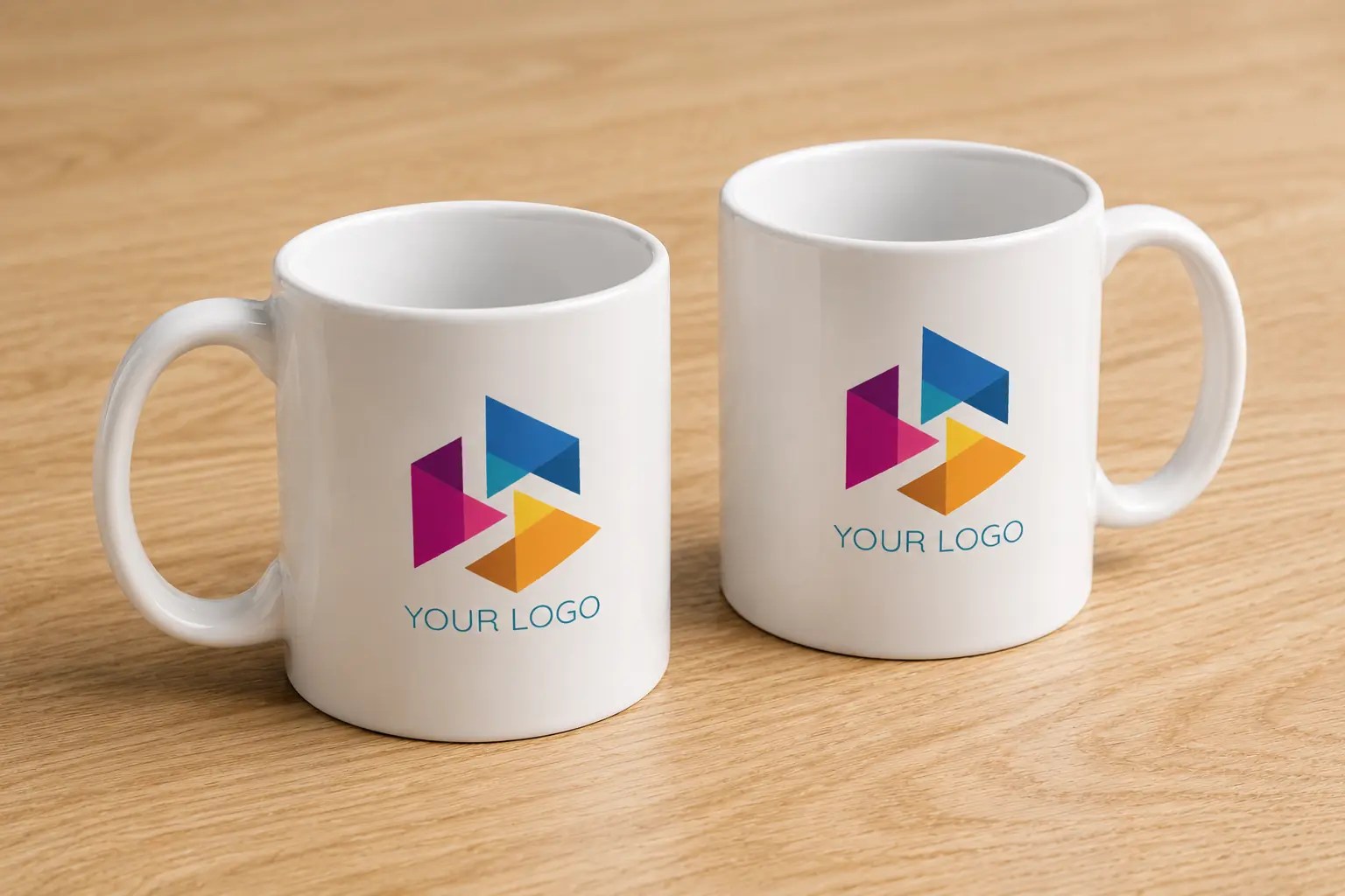 Two white ceramic mugs printed with a full colour logo on a wooden table