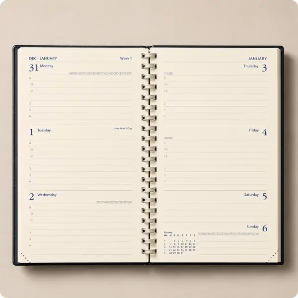 Open week to view branded diary with wire binding, showing dated pages for the first week of January 2027