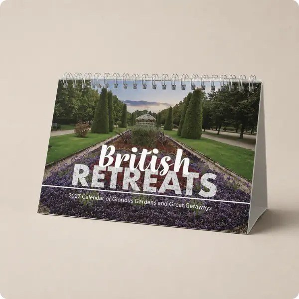 Branded desk calendar for 2027 with a spiral bound easel back and a British gardens cover photograph