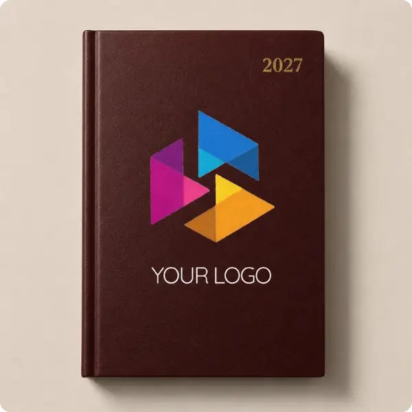 Burgundy A5 hardback branded diary personalised with a full colour company logo and gold 2027 detailing