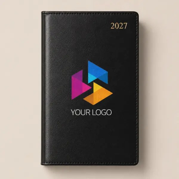 Black leather pocket branded diary with a full colour company logo and gold 2027 foil detail on the cover