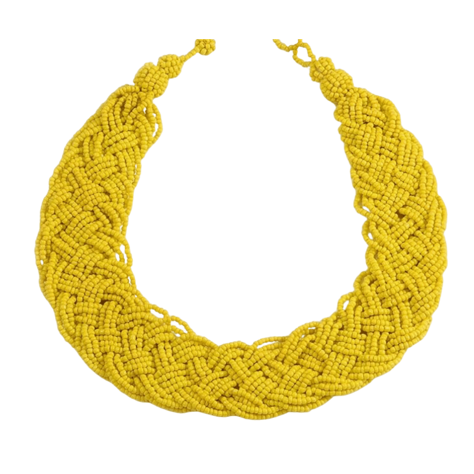 Avalaya Wide Chunky Lemon Yellow Glass Bead Plaited Necklace