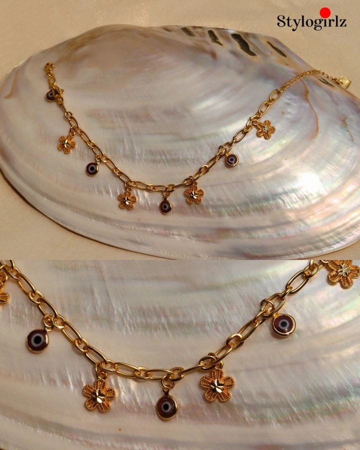 Golden Bloom Brown Evil Eye Charm Bracelet