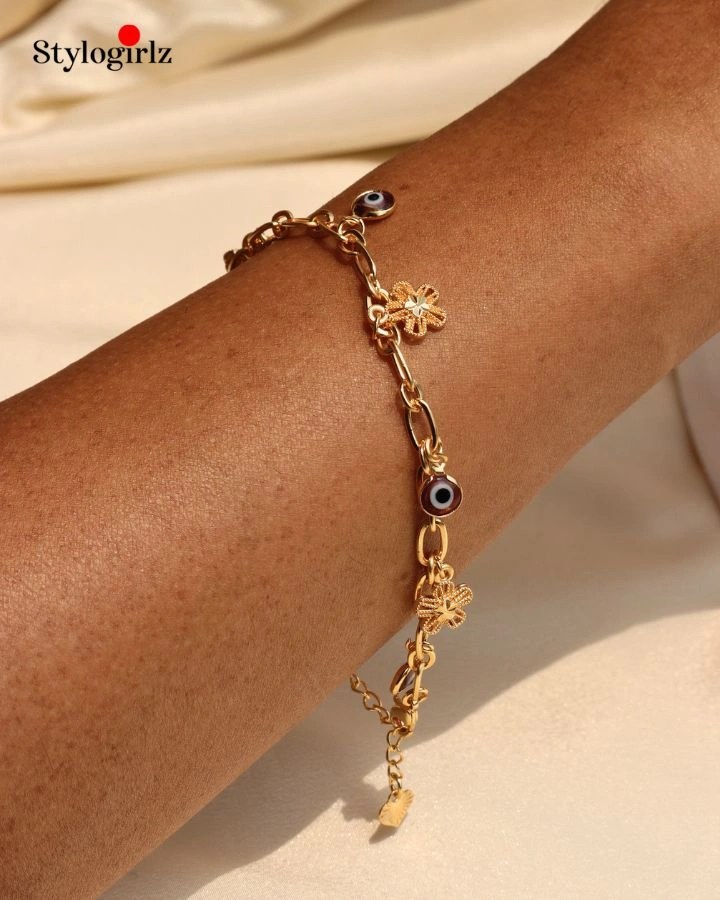 Golden Bloom Brown Evil Eye Charm Bracelet