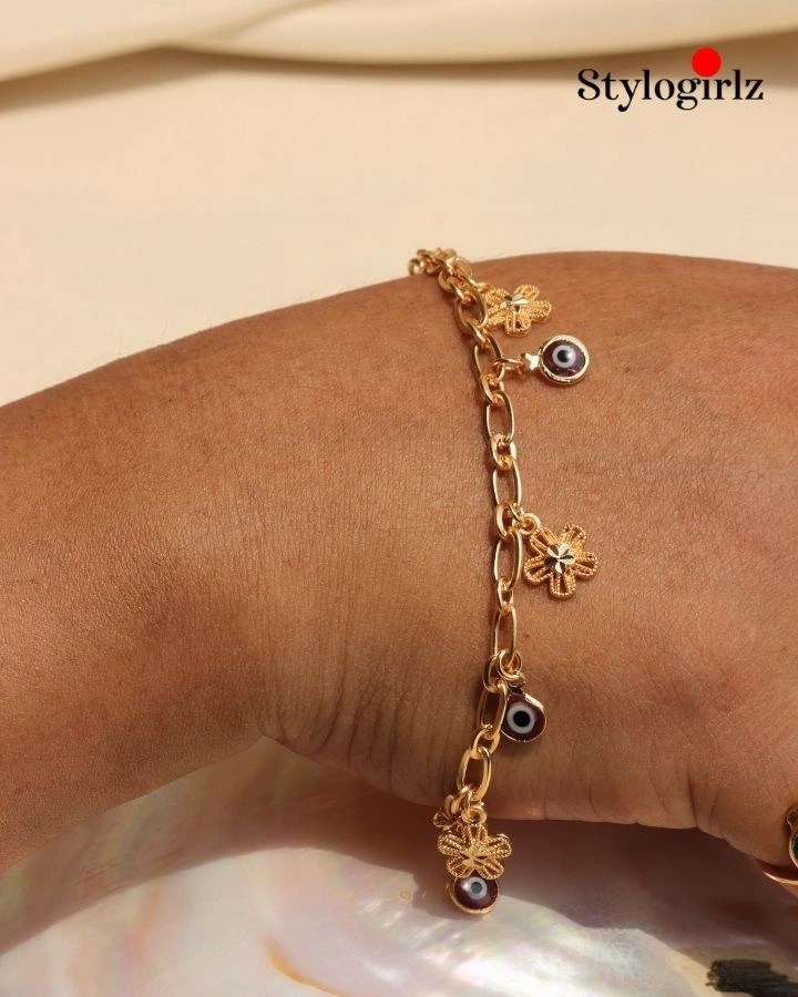 Golden Bloom Brown Evil Eye Charm Bracelet