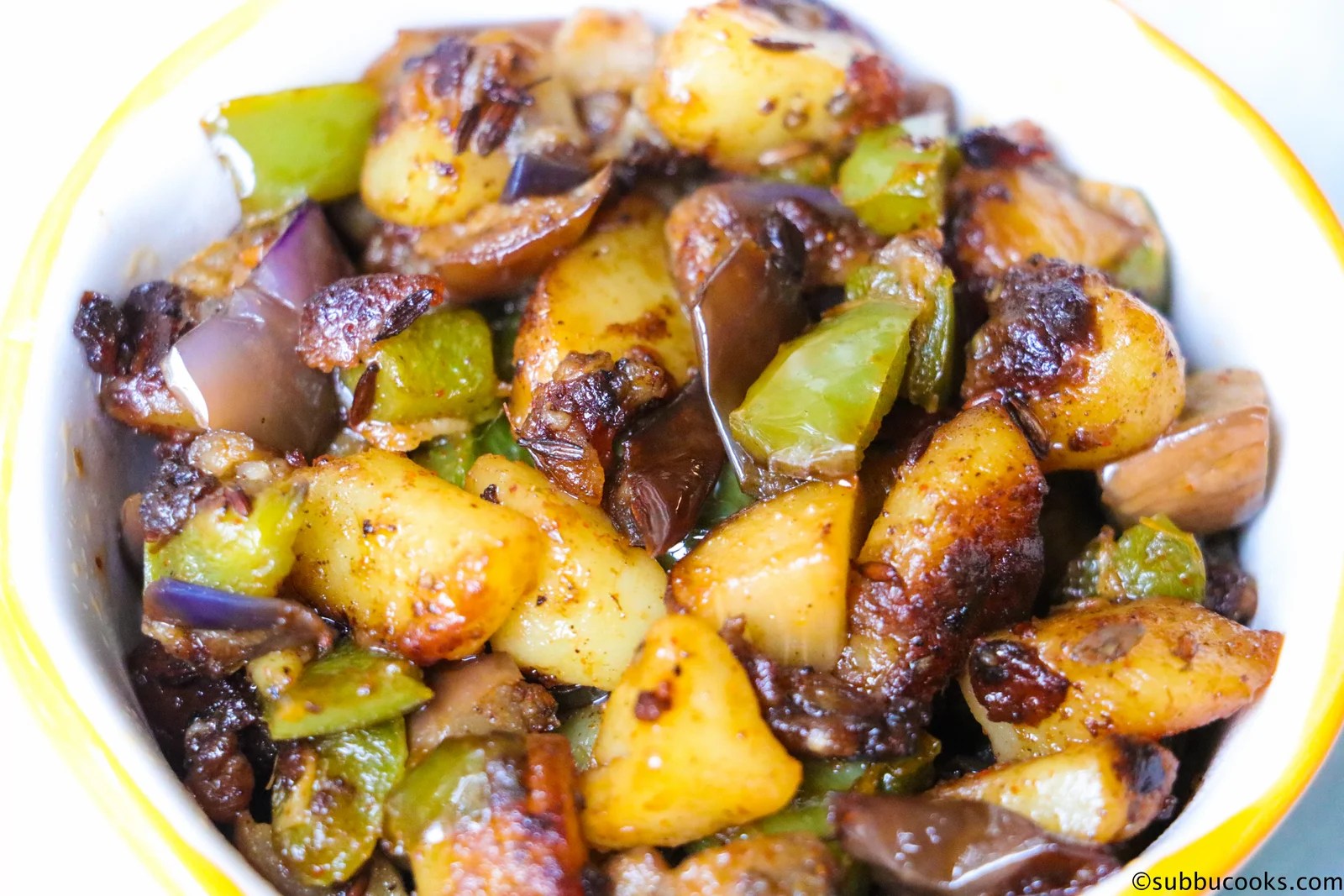 Potato Bell pepper and Eggplant Fry - Aloo capsicum brinjal fry – Subbu