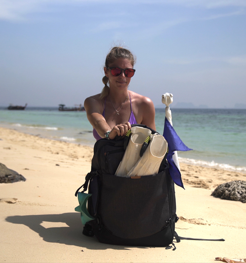 Standard backpack with the Sub Flight diving system components packed inside, illustrating its compact design.