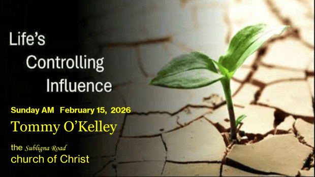 A green plant sprouting from cracked, dry soil with text overlay that reads 'Life's Controlling Influence' and event details.