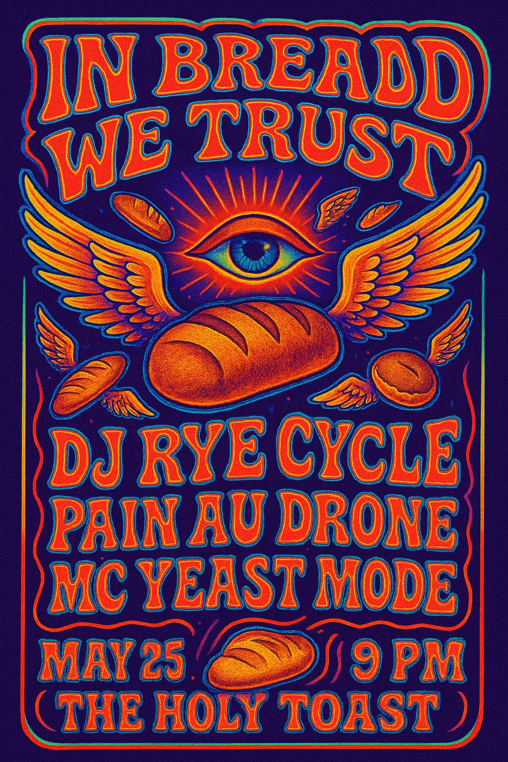 Psychedelic winged loaves floating over cosmic Eye — Post-Glutenwave poster
