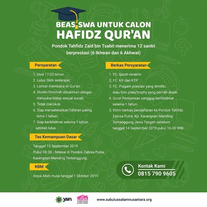 Pondok pesantren tahfidz quran menyediakan program tahfidz jenjang smp,sma,sarjana.alumni diterima universitas luar dan dalam negeri. Beasiswa Tahfidz Qur An Subulussalam Nusantara