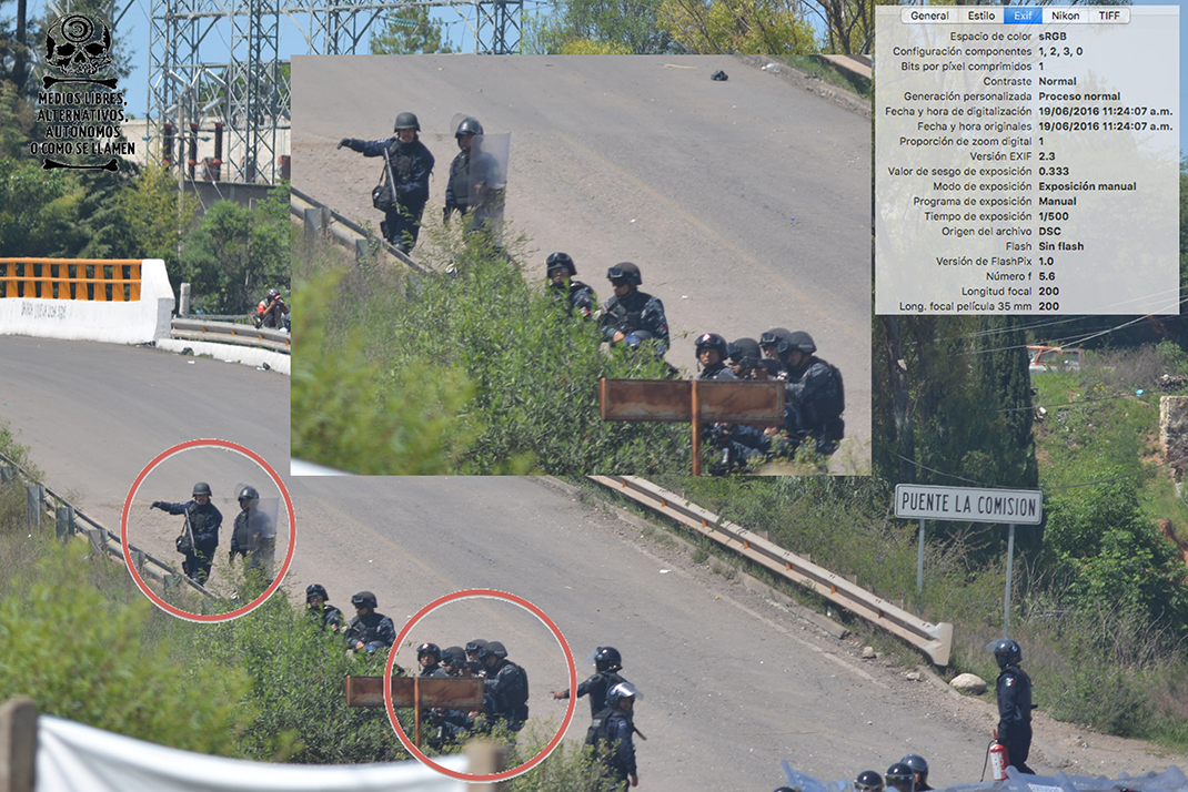 [Foto 7] 11:24:07 a.m. Se ve al elemento José Luis Lazo Sánchez sosteniendo un arma larga y una mochila al hombro mientras señala hacia el lugar donde se encontraba Yalid, a su vez se ve a un elemento de la gendarmería disparar hacía ese lugar con un arma larga.