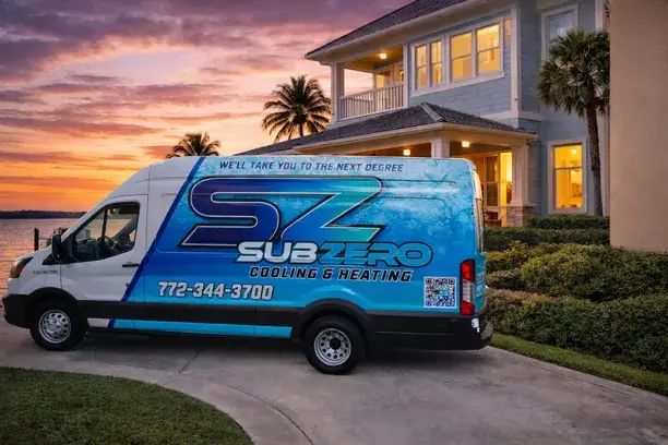 Subzero Cooling & Heating branded service van at a luxury waterfront home in Port St Lucie, FL