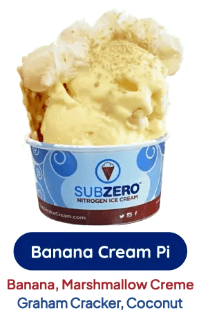 Banana Cream Pi ice cream with banana, whipped cream, waffle cone bits, and coconut