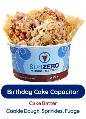 Birthday Cake Capacitor ice cream with cake batter, cookie dough, sprinkles, and fudge