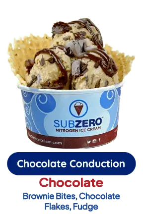 Chocolate Conduction ice cream with brownie bites, chocolate flakes, and fudge
