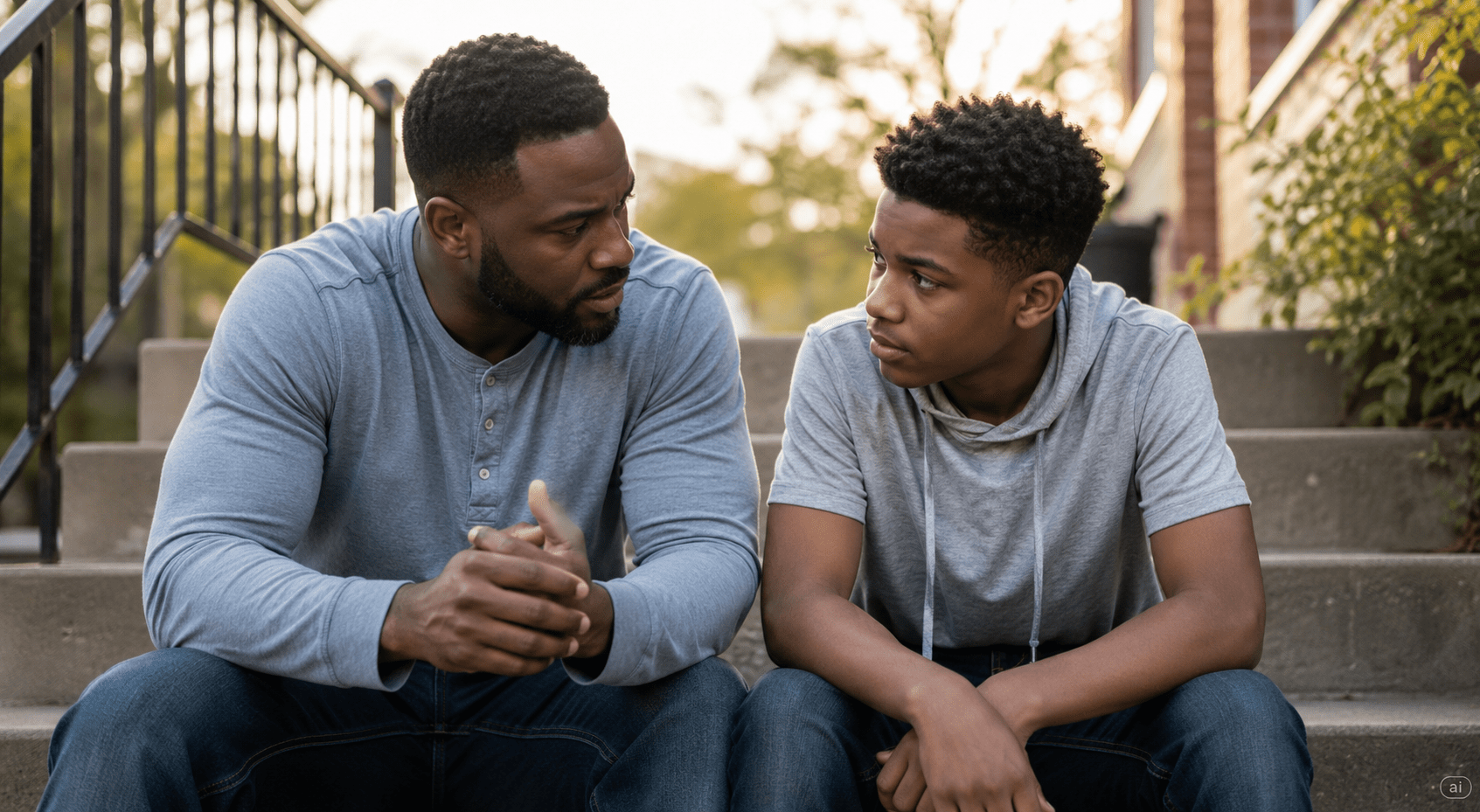 Black father and teenage son having a serious conversation about safety, self-defense, and de-escalation after the Karmelo Anthony verdict