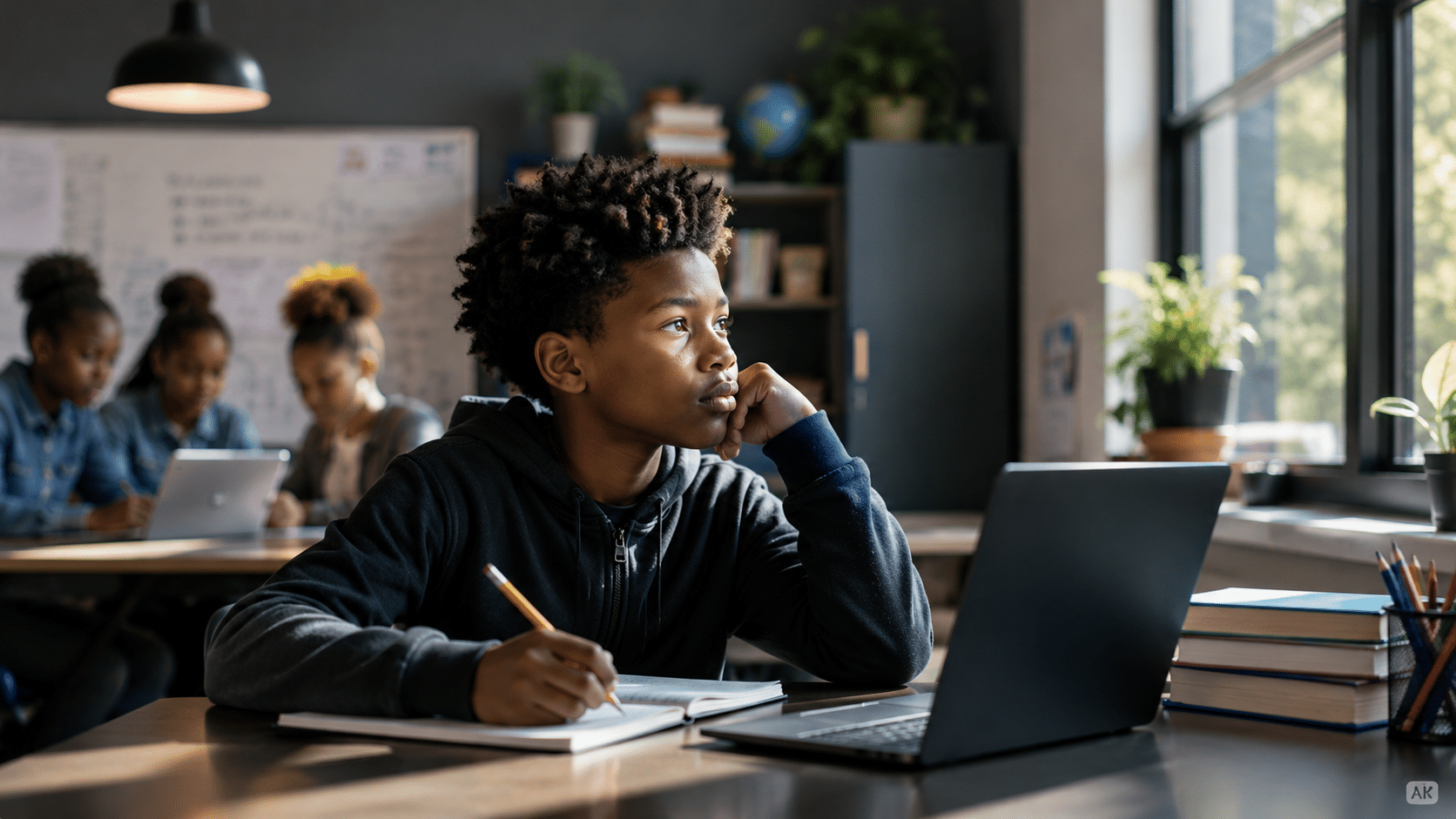 Black students using classroom laptops for school AI tools while exploring school AI, highlighting important school AI questions for parents about learning and digital tools.